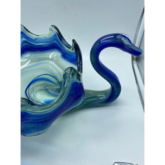 Vintage Art Glass Sooner‎ Blue Swirl Murano Style Hand Blown Swan Bowl Dish - Picture 6 of 8